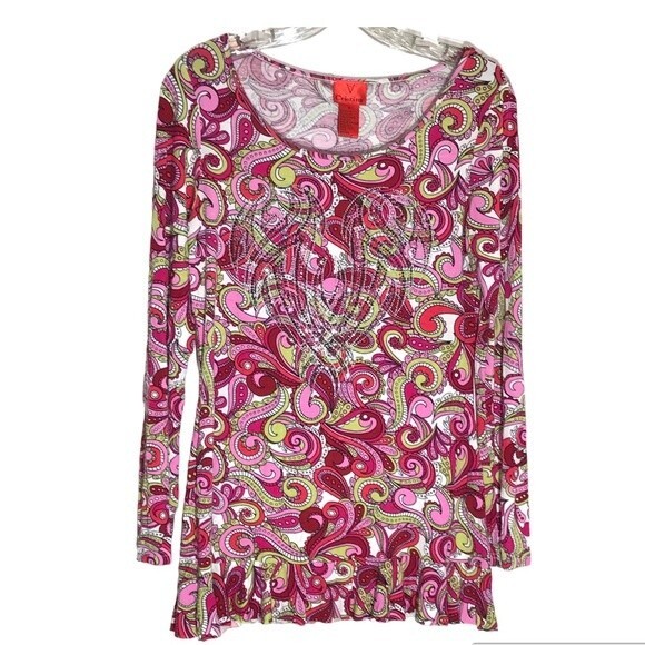 V Christina Long Sleeve Paisley Embellished Ruffled Top Size MEDIUM - Picture 1 of 10